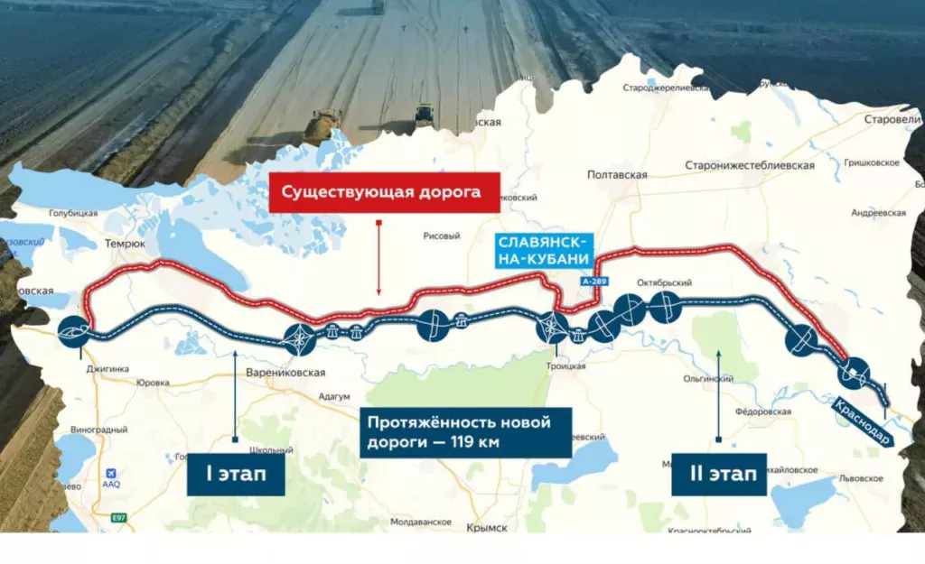 Схема новой трассы А-289 от Краснодара до Крымского моста. 