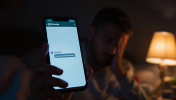 расстроенный человек с телефоном и уведомлениями WhatsApp