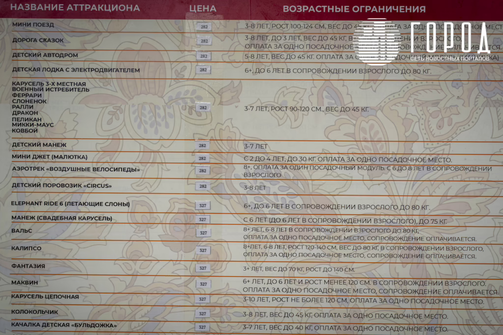 Цены на аттракционы