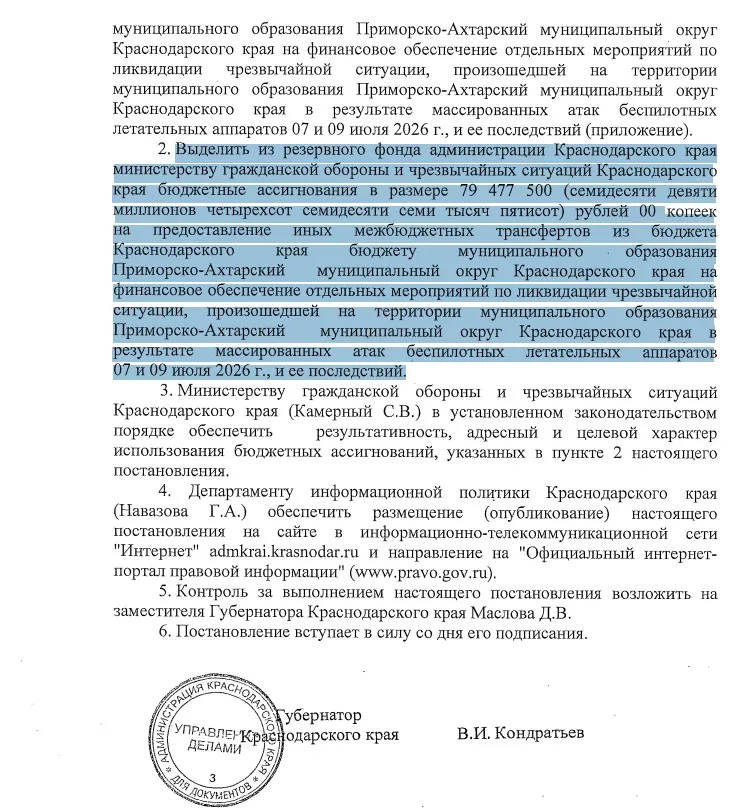 На ликвидацию ЧС в Приморско-Ахтарском районе выделили 79,4 млн рублей после ударов БПЛА